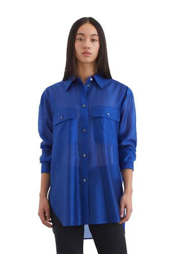 Blouse, long oversized shape, kent collar, long sleeve, chest pockets, solid
