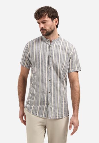 Shirt Short Sleeve Yarn Dyed Dobby Stripe With Linen M Regular Fit - Blue