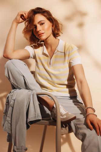 Polo-Pullover mit Streifen 42 - Pastel Yellow Ringel