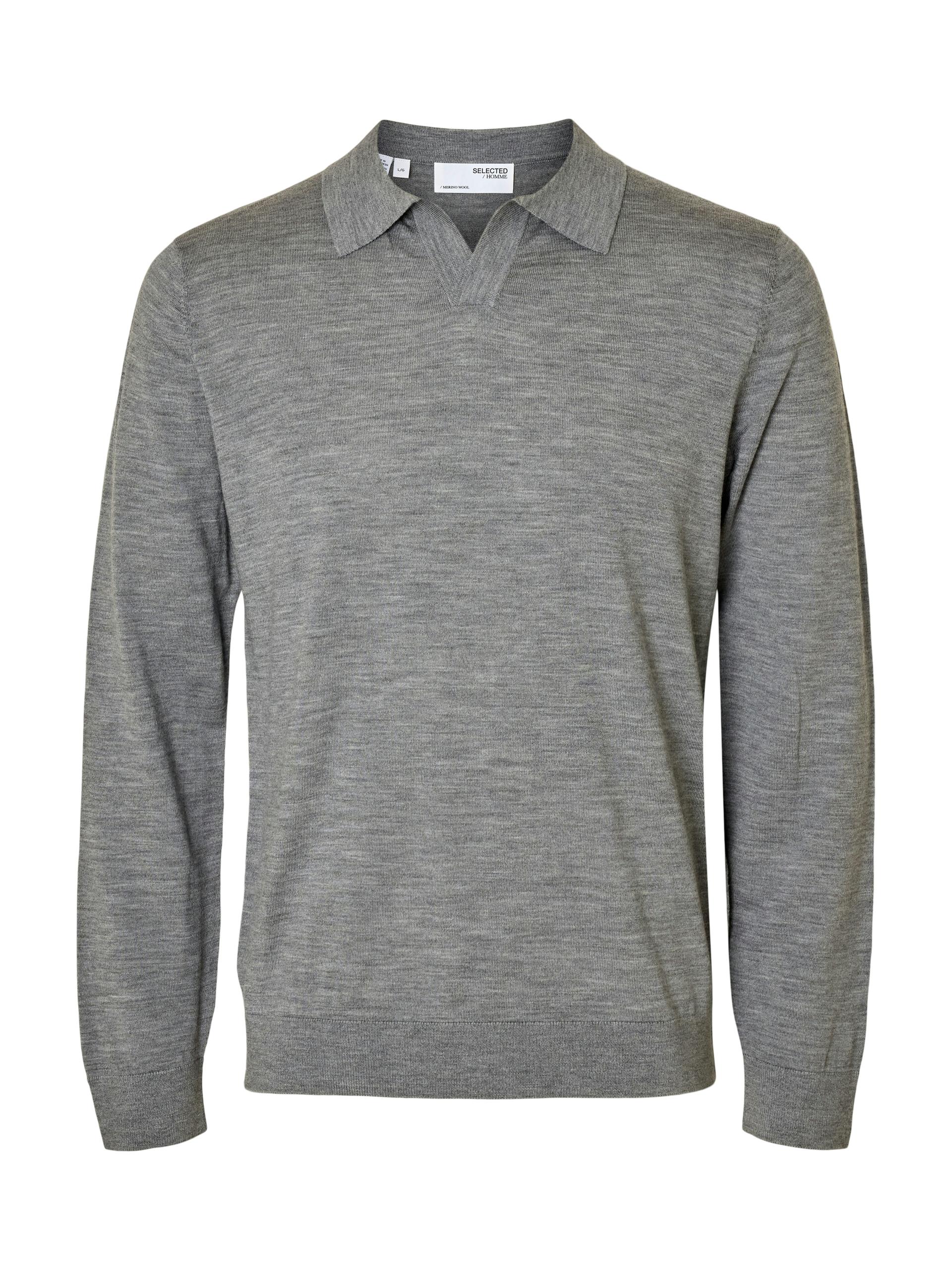 SLHTRAY LS KNIT MERINO OPEN POLO XL Normal geschnitten - Medium Grey Melange