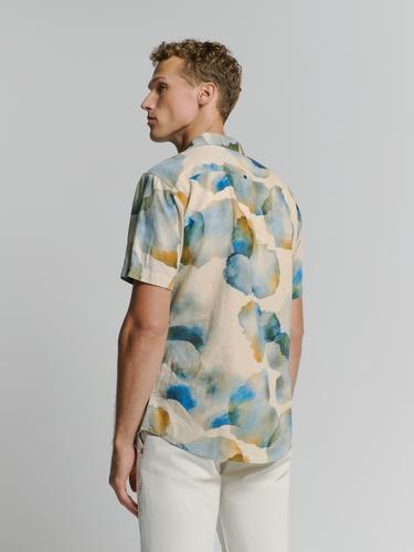 Shirt Short Sleeve Revers Collar Allover Printed With Linen M Regular Fit - Blue