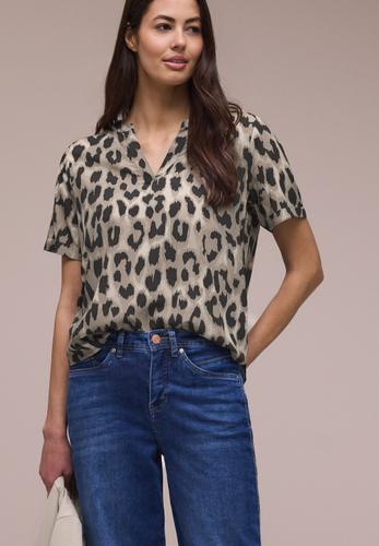 Bluse mit Split Neck und Animal Print 36 - Timeless Beige