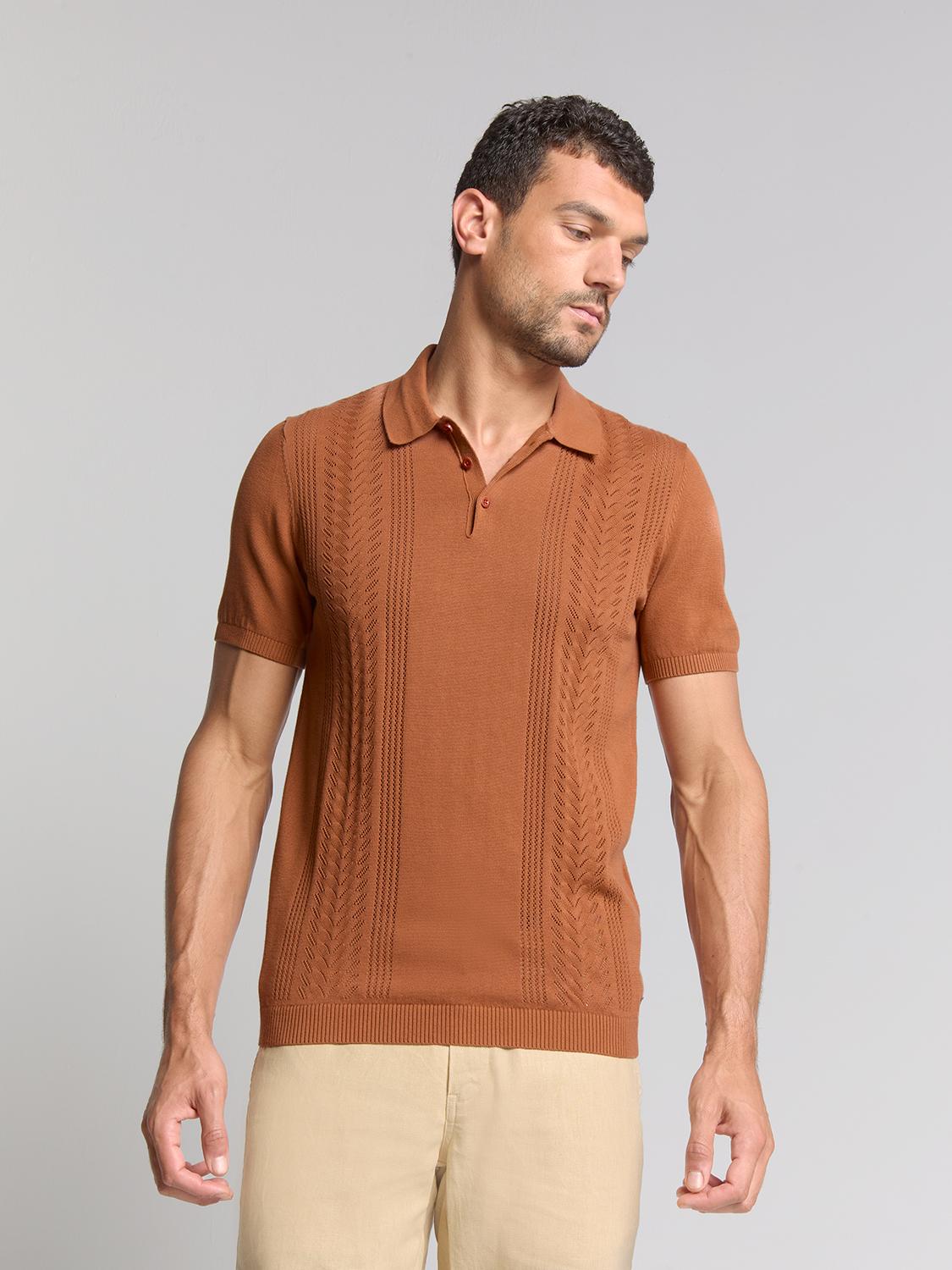 Pullover Short Sleeve Polo Solid Placed Jacquard M Regular Fit - Caramel