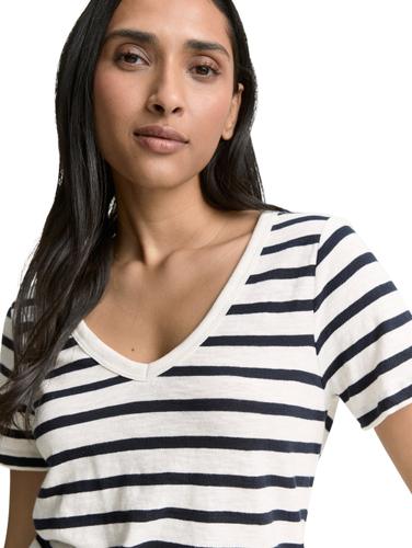 T-Shirt mit V-Ausschnitt S Regular Fit - Offwhite Navy Stripe