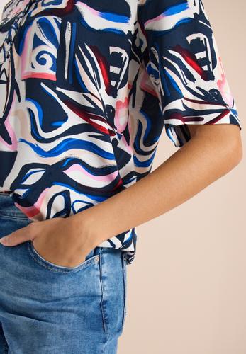 Kurzarm Bluse mit Multicolor Print S - Universal Blue