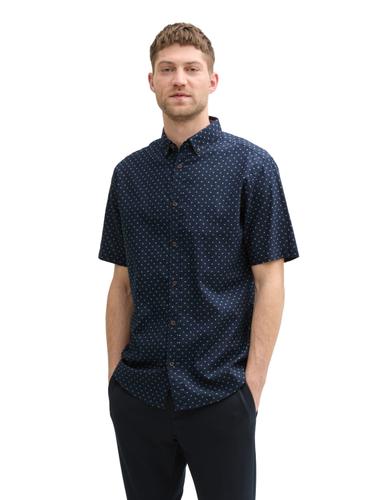 Regular Fit Kurzarmhemd mit Leinenanteil im Pünktchen-Muster L Regular Fit - Navy Dot Design