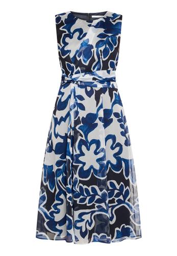 Chiffonkleid 38 Tailliert - Weiß/dunkelblau