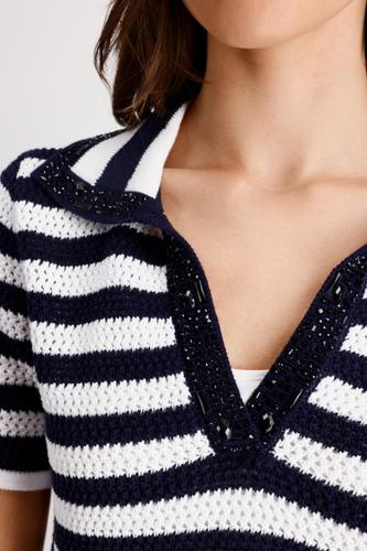 Ajour-Polo-Pullover mit Strasssteinen