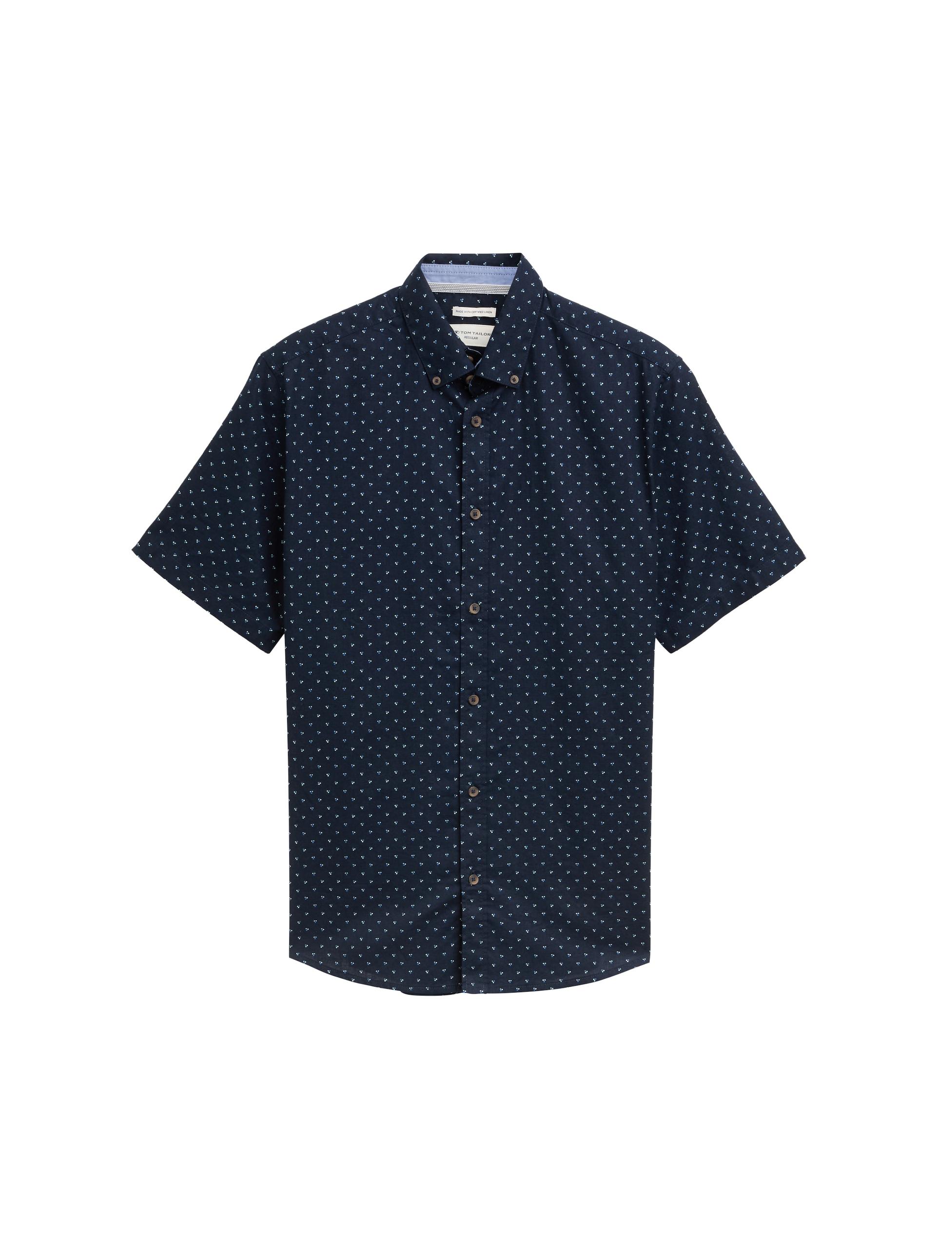 Regular Fit Kurzarmhemd mit Leinenanteil im Pünktchen-Muster L Regular Fit - Navy Dot Design