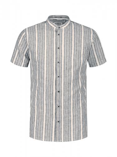 Shirt Short Sleeve Yarn Dyed Dobby Stripe With Linen M Regular Fit - Blue