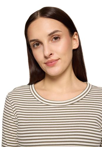 Streifenshirt L Leicht tailliert - Khaki/Cream