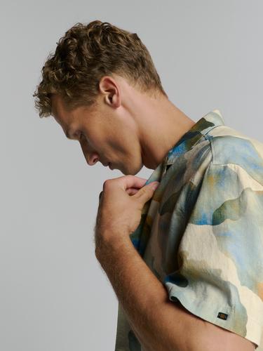Shirt Short Sleeve Revers Collar Allover Printed With Linen M Regular Fit - Blue