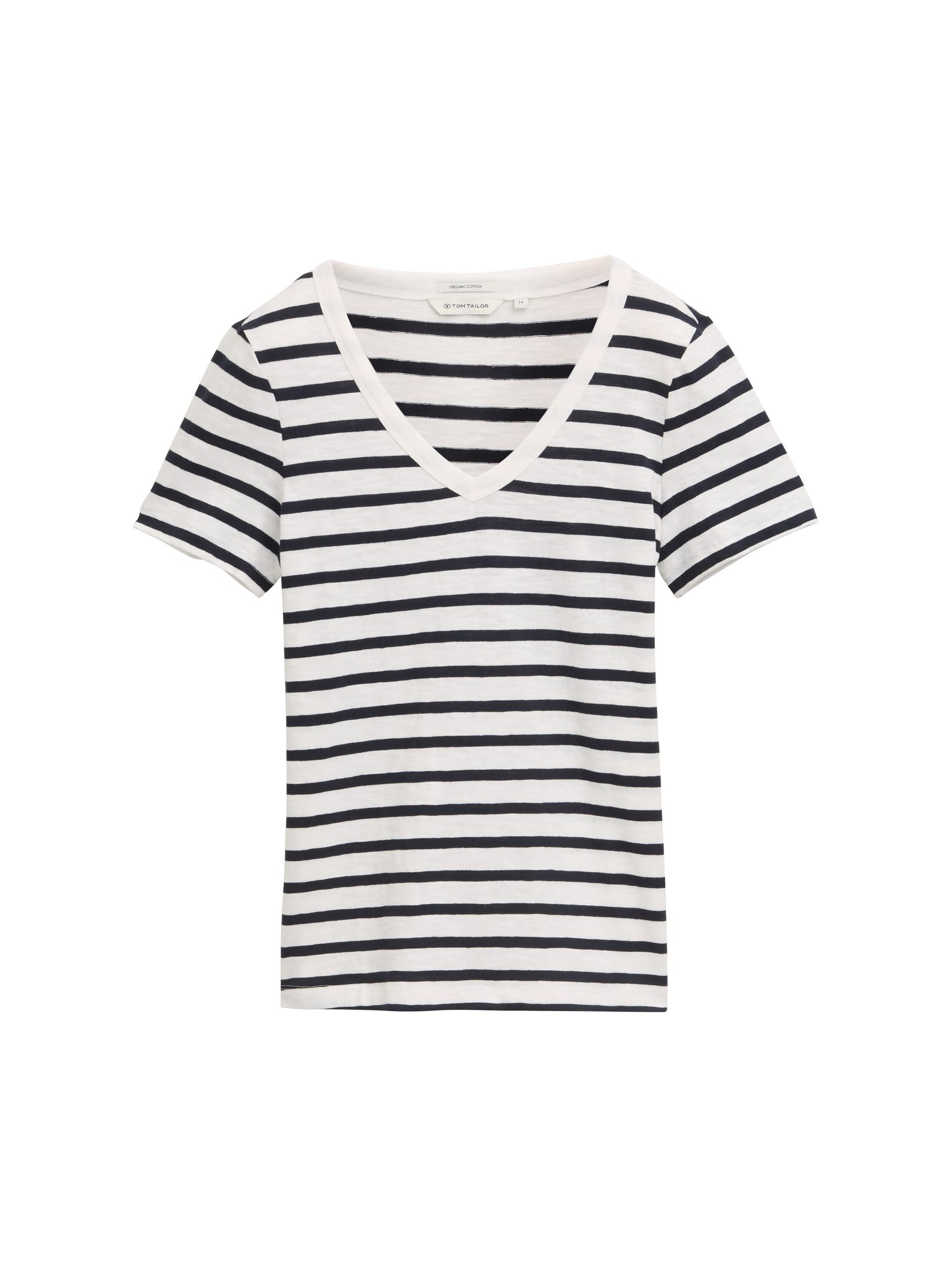 T-Shirt mit V-Ausschnitt S Regular Fit - Offwhite Navy Stripe