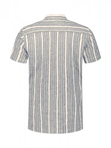 Shirt Short Sleeve Yarn Dyed Dobby Stripe With Linen M Regular Fit - Blue
