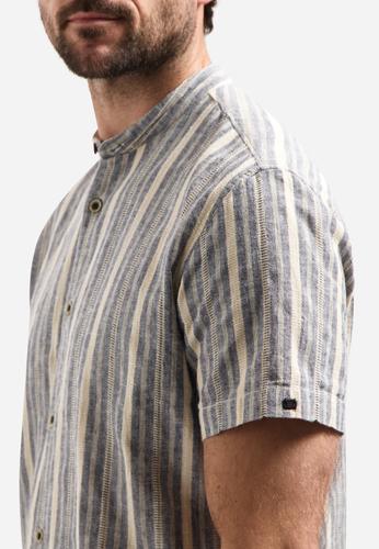 Shirt Short Sleeve Yarn Dyed Dobby Stripe With Linen M Regular Fit - Blue