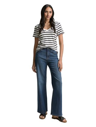 T-Shirt mit V-Ausschnitt S Regular Fit - Offwhite Navy Stripe