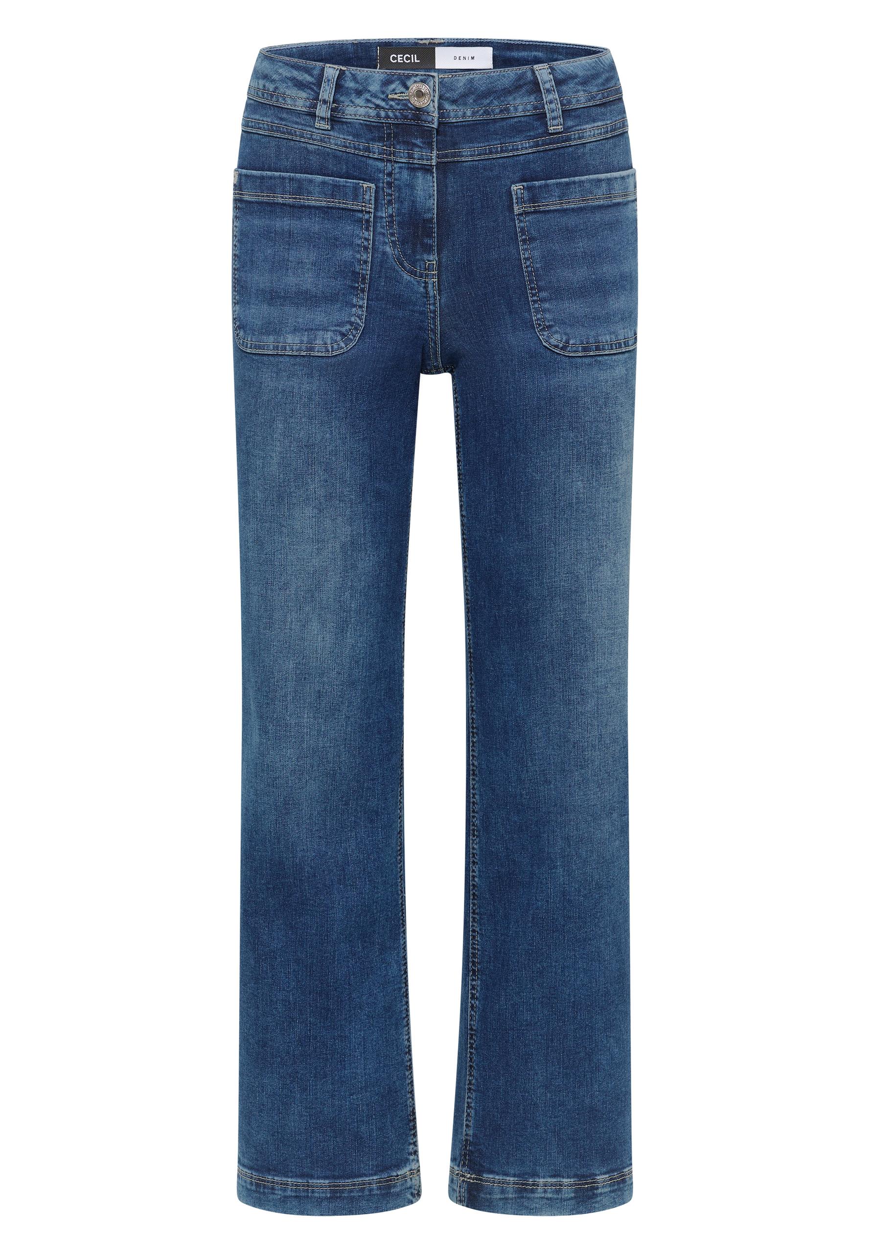 Wide Leg Patch Pocket Jeans 28/30 - Mid Blue Used Wash