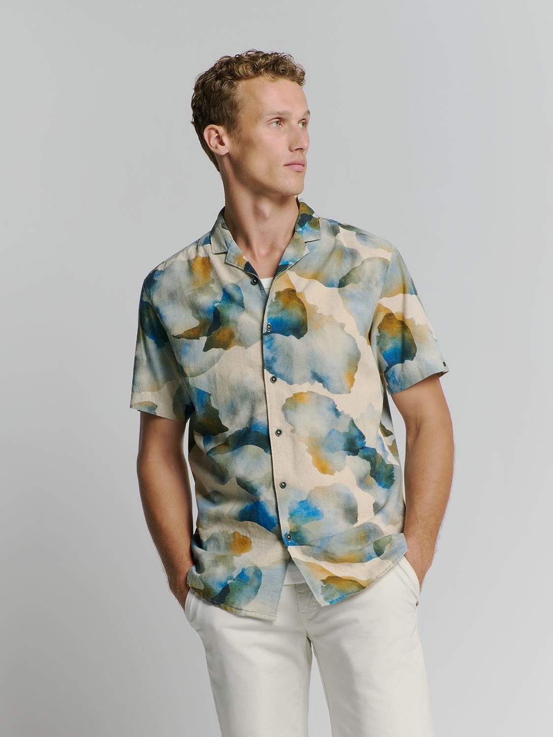 Shirt Short Sleeve Revers Collar Allover Printed With Linen M Regular Fit - Blue