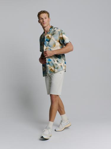 Shirt Short Sleeve Revers Collar Allover Printed With Linen M Regular Fit - Blue