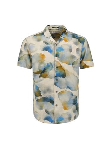 Shirt Short Sleeve Revers Collar Allover Printed With Linen M Regular Fit - Blue