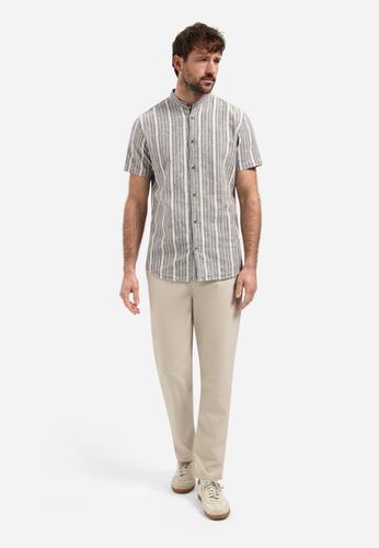 Shirt Short Sleeve Yarn Dyed Dobby Stripe With Linen M Regular Fit - Blue