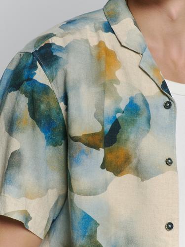 Shirt Short Sleeve Revers Collar Allover Printed With Linen M Regular Fit - Blue
