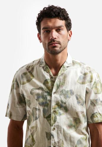 Shirt Short Sleeve Allover Printed With Linen L Regular Fit - Green