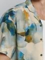 Shirt Short Sleeve Revers Collar Allover Printed With Linen M Regular Fit - Blue