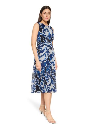 Chiffonkleid 38 Tailliert - Weiß/dunkelblau