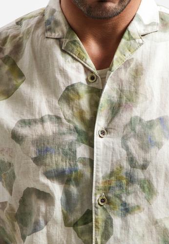 Shirt Short Sleeve Allover Printed With Linen L Regular Fit - Green