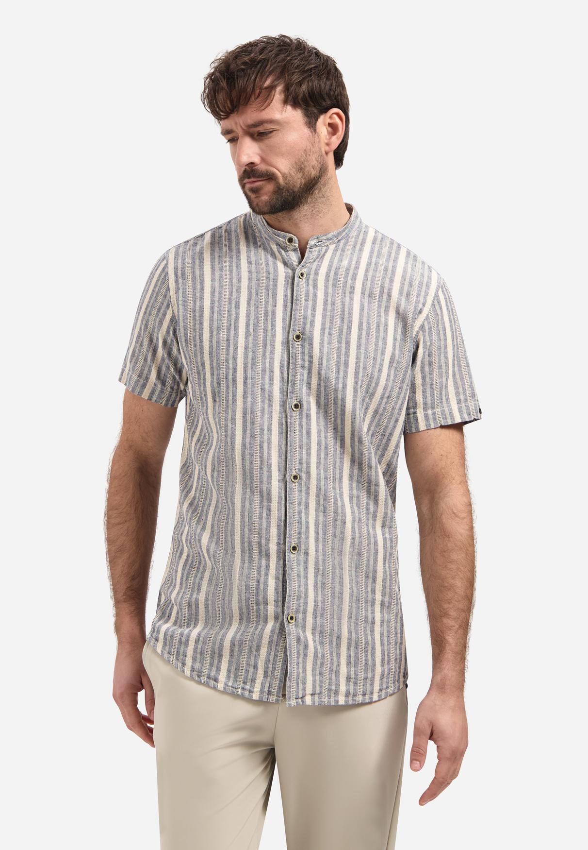 Shirt Short Sleeve Yarn Dyed Dobby Stripe With Linen M Regular Fit - Blue