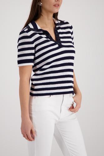 Ajour-Polo-Pullover mit Strasssteinen
