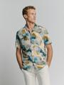 Shirt Short Sleeve Revers Collar Allover Printed With Linen M Regular Fit - Blue