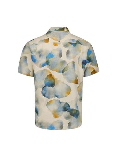Shirt Short Sleeve Revers Collar Allover Printed With Linen M Regular Fit - Blue