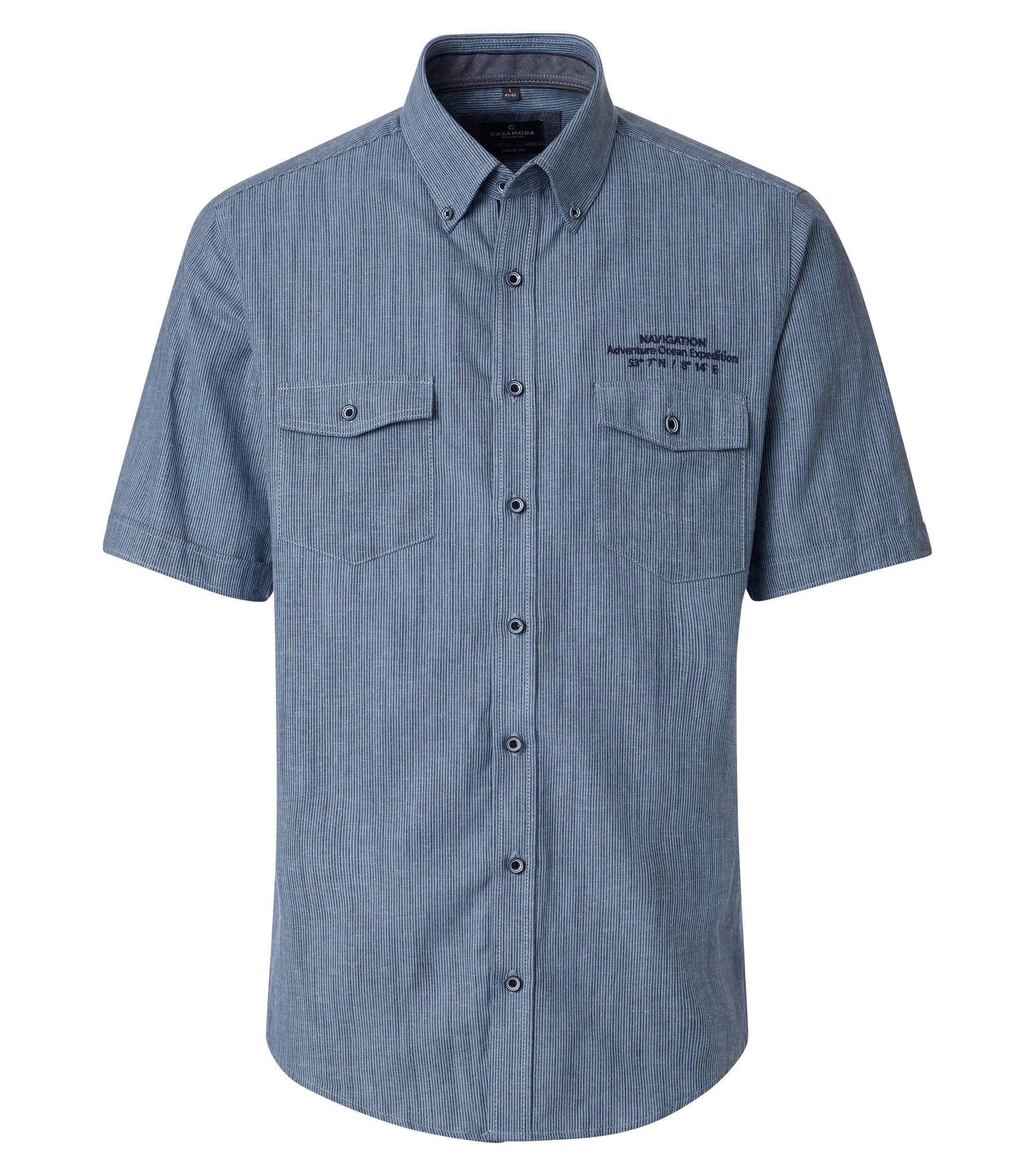 Leinenhemd Kurzarm L Casual Fit Short - Blau