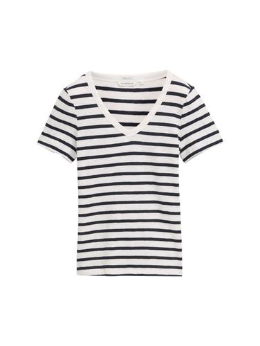 T-Shirt mit V-Ausschnitt S Regular Fit - Offwhite Navy Stripe